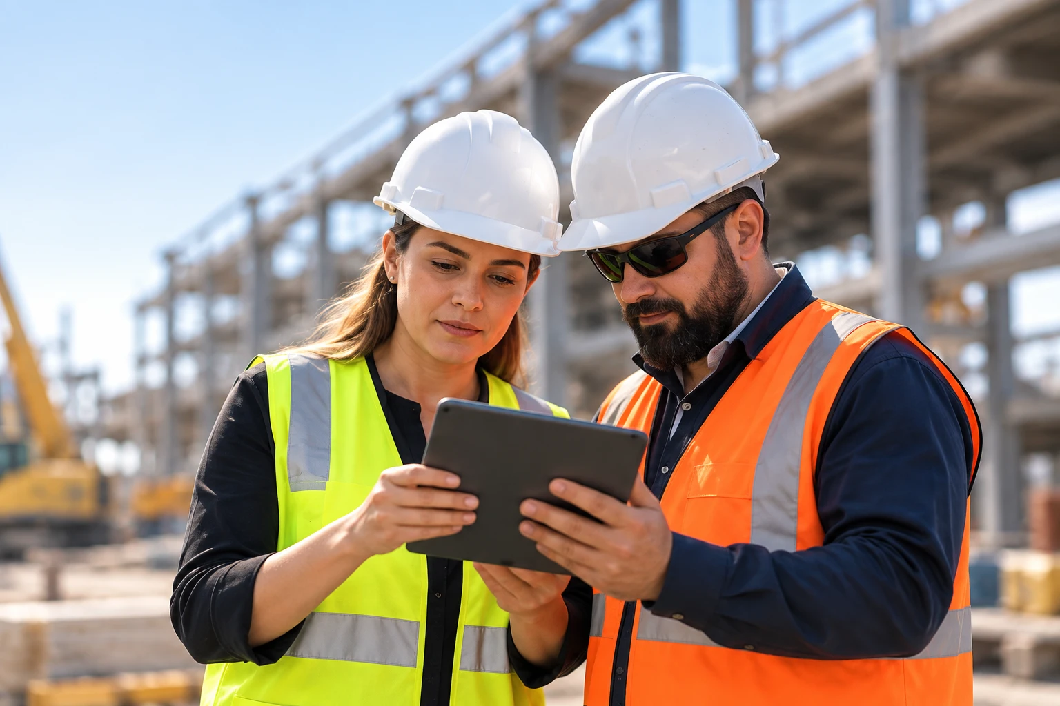 Dos profesionales con casco revisando una tablet en terreno